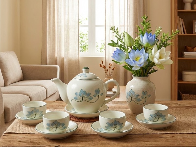 Ấm chén vẽ tay in logo