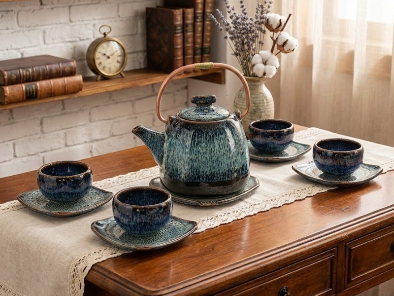 Ấm chén men hoả biến in logo