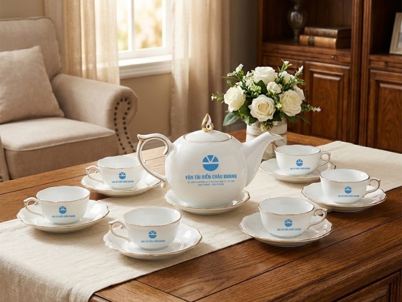 Ấm chén men trắng in logo