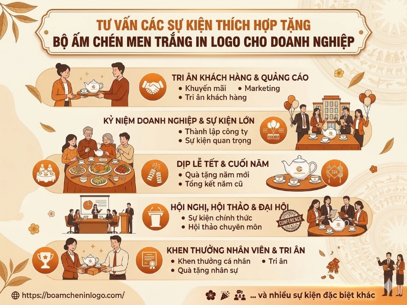 Các sự kiện thích hợp tặng bộ ấm chén men trắng in logo cho doanh nghiệp