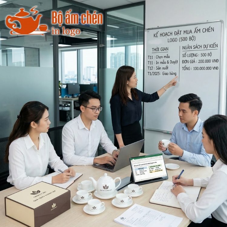 kế hoạch đặt mua bộ ấm chén in logo làm quà tặng doanh nghiệp