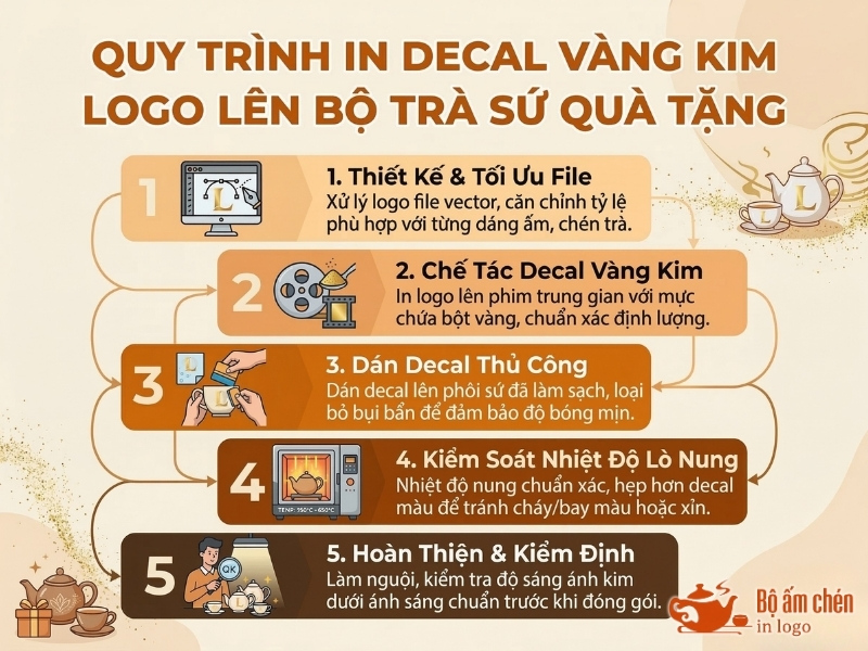 quy trình in decal vàng kim logo lên bộ ấm chén quà tặng