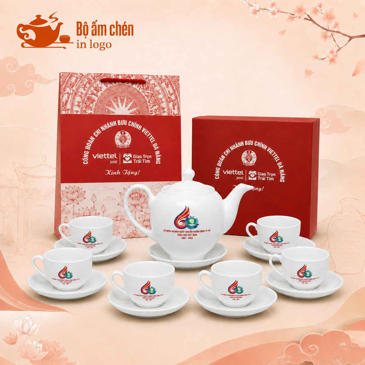 Bộ trà sứ trắng in logo quà tặng dáng Minh Long 650ml MT-03 (3)