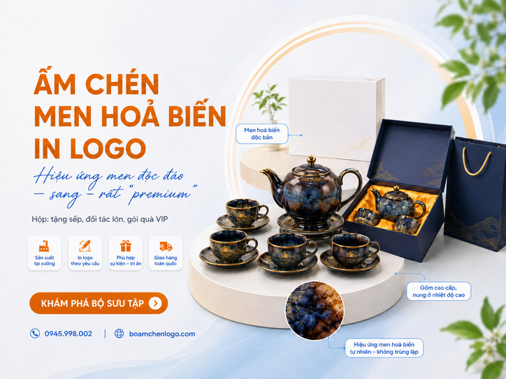 Ấm chén men hoả biến in logo