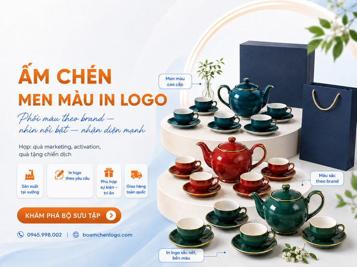 Ấm chén men màu in logo
