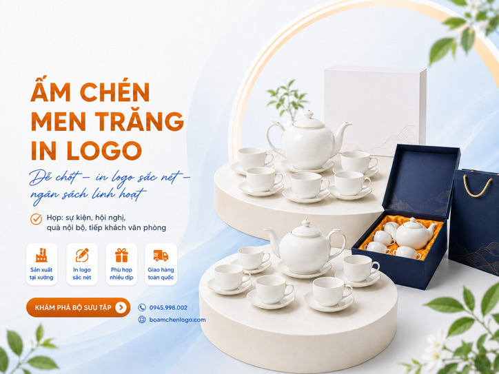 Ấm chén men trắng in logo