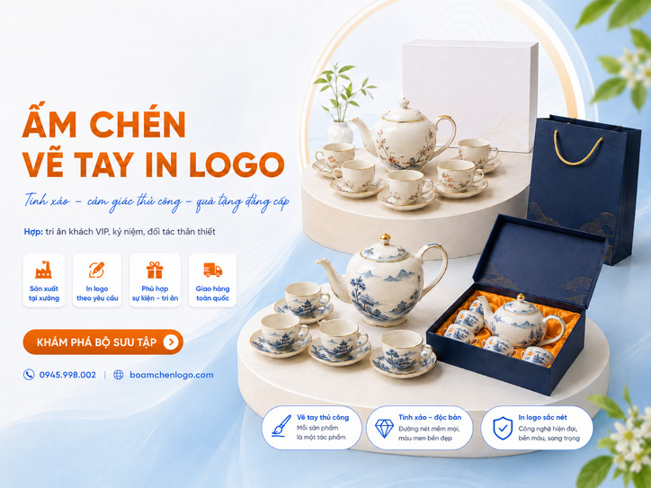 Ấm chén vẽ tay in logo