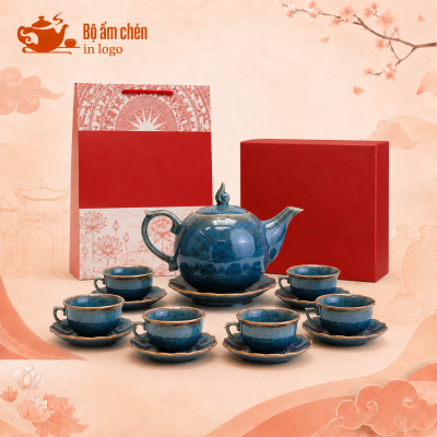 Bộ ấm chén hỏa biến xanh lam in logo dáng bưởi lửa HB-01