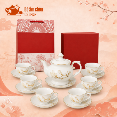 Bộ ấm chén hoa mộc lan decal vàng kim in logo dáng đài cát DC-04