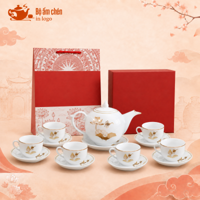 Bộ ấm chén họa tiết chuồn sen decal vàng kim in logo dáng bưởi lửa DC-01