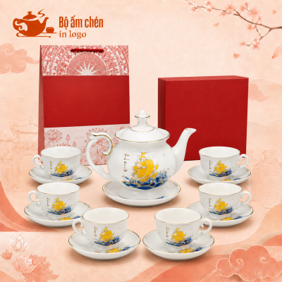 Bộ ấm chén họa tiết decal Thuận Buồm Xuôi Gió in logo dáng đài cát DC-03