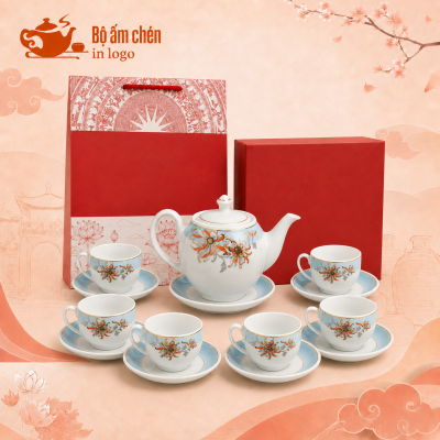Bộ ấm chén họa tiết hoa bỉ ngạn decal in logo kẻ chỉ vàng DC-05