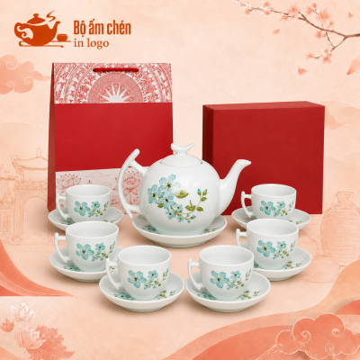 Bộ ấm chén họa tiết hoa xanh decal in logo dáng bưởi cành DC-06