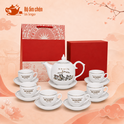 Bộ ấm chén in logo họa tiết Mã Đáo Thành Công decal vàng kim dáng bưởi lửa DC-02