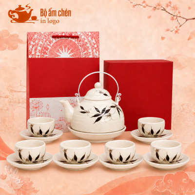 Bộ ấm chén in logo vẽ tay cành trúc dáng giỏ cá men tiêu VT-09
