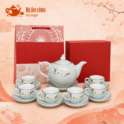 Bộ ấm chén in logo vẽ tay hoa mai trắng men vân đá xanh dương VT-10