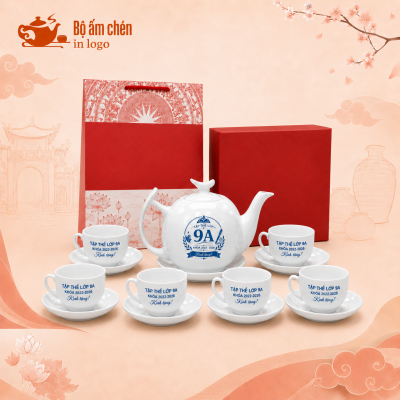 Bộ ấm chén men trắng in logo quà tặng dáng bưởi cành MT-01