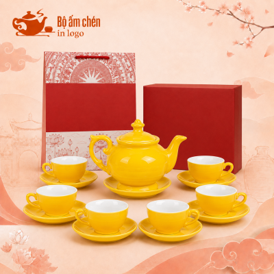 Bộ ấm chén men vàng in logo quà tặng dáng đài cát MM-03
