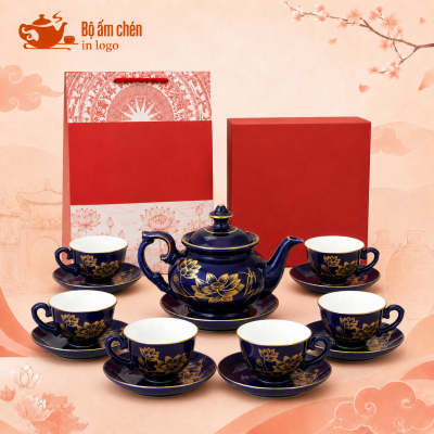 Bộ ấm chén men xanh lam in logo dáng đài cát hoa sen vàng kim MM-07