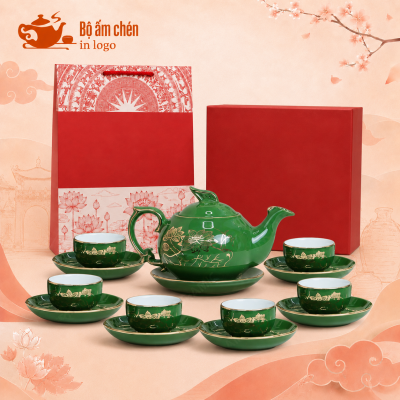Bộ ấm chén men xanh ngọc in logo dáng phượng hoàng họa tiết sen vàng MM-08