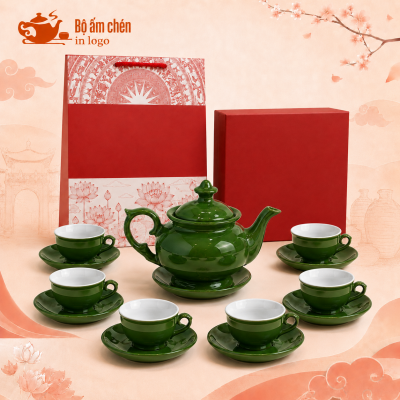 Bộ ấm chén men xanh ngọc in logo quà tặng dáng đài cát MM-04