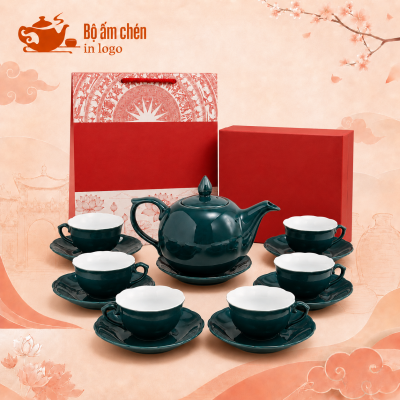 Bộ ấm chén trà men xanh cổ vịt in logo dáng bưởi lửa tách miệng lượn MM-06