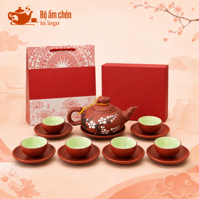 Bộ ấm chén tử sa đất đỏ in logo vẽ hoa mai trắng TS-04