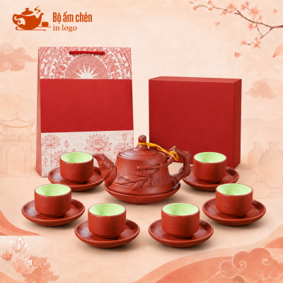 Bộ ấm chén tử sa đỏ nâu in logo đắp nổi cành trúc TS-08