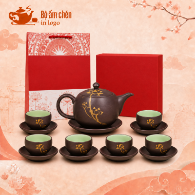 Bộ ấm chén tử sa in logo vẽ hoa sen vàng dáng tròn bầu 200ml TS-03