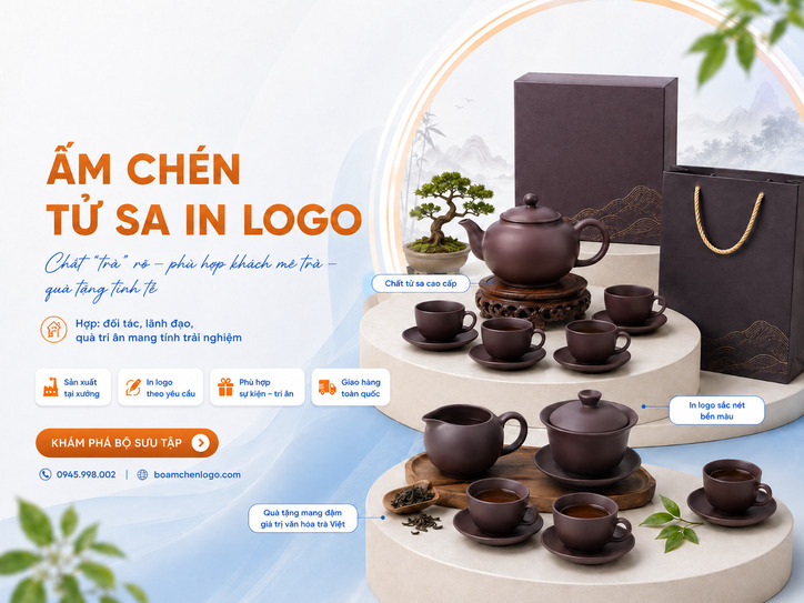 Ấm chén tử sa in logo