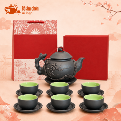 Bộ ấm chén tử sa quà tặng in logo đắp nổi cành hoa đào TS-07