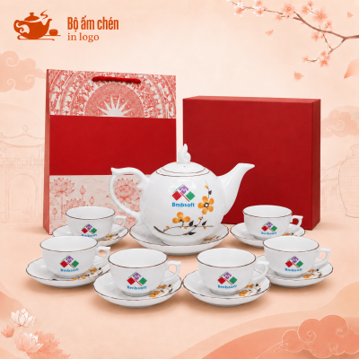 Bộ ấm chén vẽ tay in logo quà tặng hoa mai vàng dáng bưởi lửa VT-01