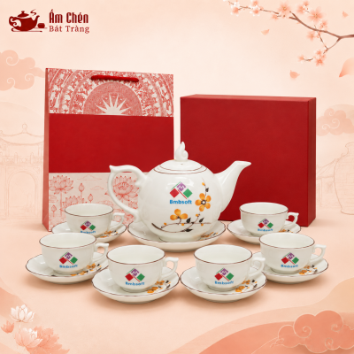 Bộ ấm chén vẽ tay in logo quà tặng hoa mai vàng dáng bưởi lửa VT-01