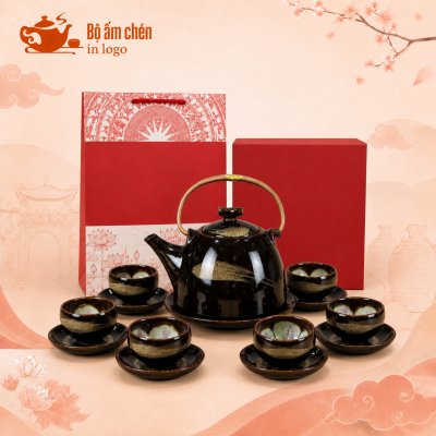 Bộ ấm trà hỏa biến nâu đen in logo dáng chuông quai đồng HB-06