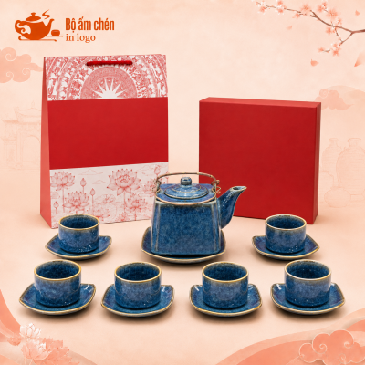 Bộ ấm trà hỏa biến xanh lam in logo dáng vuông quai đồng HB-03