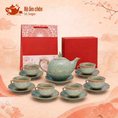 Bộ ấm trà men hỏa biến xanh kem in logo dáng bưởi lửa HB-04