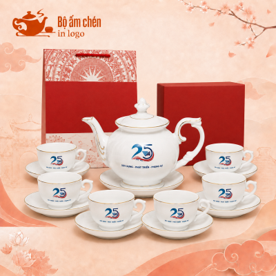 Bộ ấm trà men trắng quà tặng in logo dáng đài cát kẻ chỉ vàng MT-07