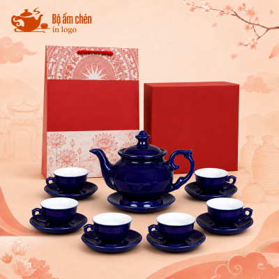 Bộ ấm trà men xanh lam in logo quà tặng dáng đài cát MM-05