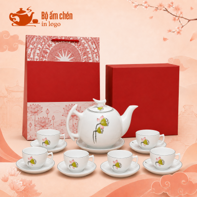 Bộ ấm trà vẽ tay búp sen dáng bưởi cành quà tặng in logo VT-07