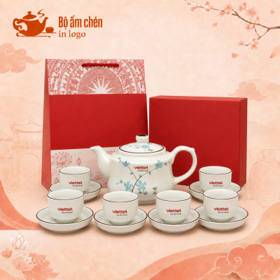 Bộ ấm trà vẽ tay hoa đào xanh quà tặng in logo dáng vuông men kem VT-08