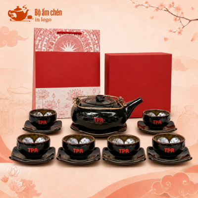 Bộ trà hỏa biến nâu đen in logo dáng Giang Tây quai đồng chén lòng hoa HB-07