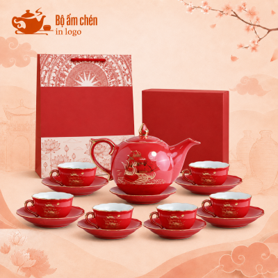 Bộ trà men đỏ in logo dáng bưởi lửa Thuận Buồm Xuôi Gió vàng kim MM-02