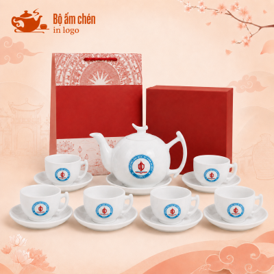 Bộ trà sứ trắng quà tặng in logo 650ml dáng bưởi cành MT-05