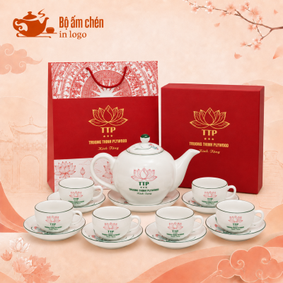 Bộ trà sứ vẽ tay in logo họa tiết hoa sen dáng tròn VT-03