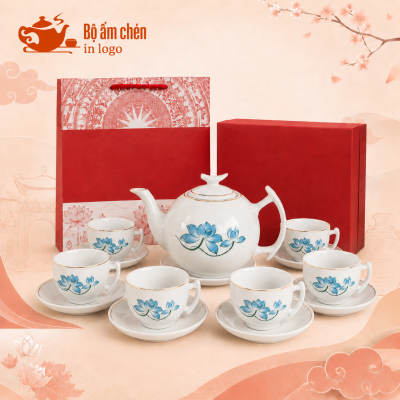 Bộ trà sứ vẽ tay in logo quà tặng hoa sen xanh dáng bưởi cành VT-02