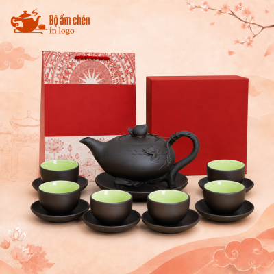 Bộ trà tử sa in logo dáng ba chân đắp nổi hoa sen TS-06